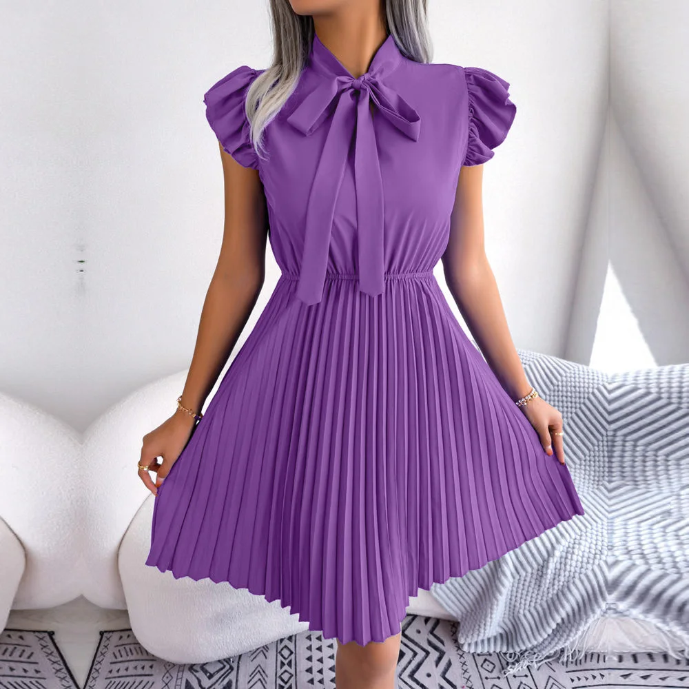 Ficusrong Women Spring Summer Elegant Lace Up High Waist Large Fold Dress For Ladies Bow Collar Solid Color Pleated Dresses