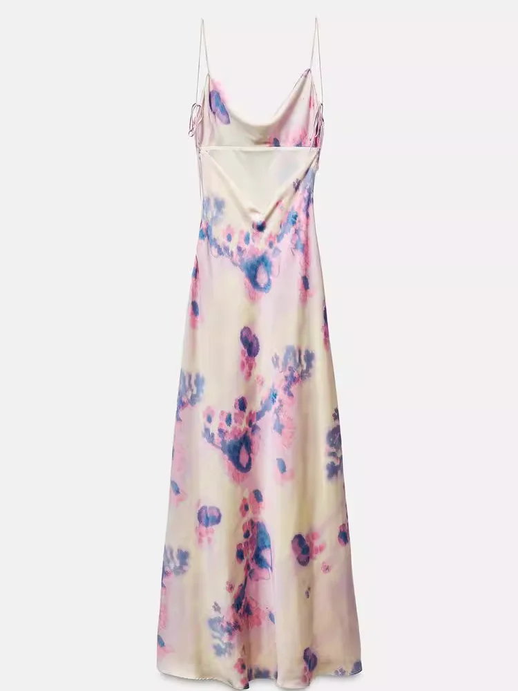 エレ バル シルクサテン プリント ストラップ ロング ドレス 新作 夏 レディース ファッション ハイウエスト Vネック スリム ガウン 韓国風