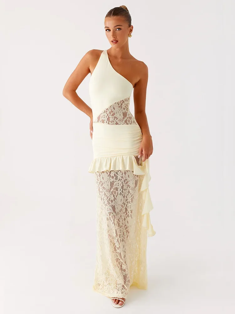 One Shoulder Sheer Lace Patchwork Maxi Dress Women's Backless Lacing Sexy Fashion Sleeveless Ruffles Long Dress Partywear