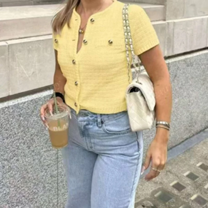

Summer 2025 Women Front Button O Neck Casual Thin Knit Cardigan Short Sleeve Knitwear Tops