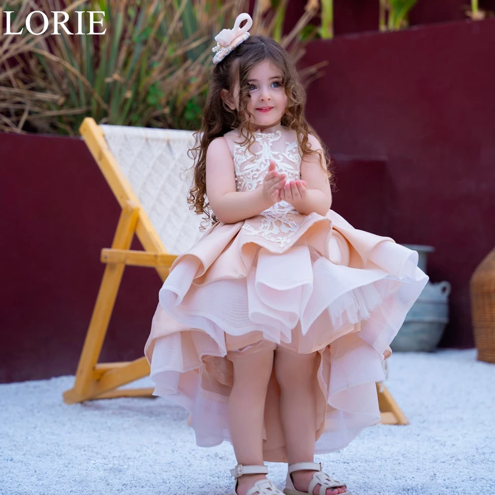 LORIE Cute Nude Pink Lace Flower Girl Dresses A-Line High Neck Ruffles Pleated Tiered Sleeveless Birthday Party Dress Customized