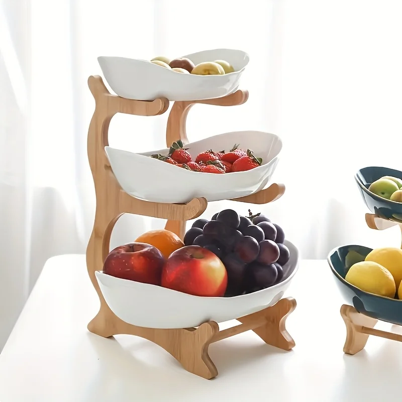 

3-Tier Wooden Fruit Basket Stand, Art Deco Style Display Rack for Kitchen Counter, Snack Tray for Dining Table, Candy Dessert