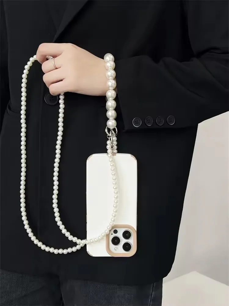 Universal double-layer Pearl Beaded Phone Case Chain Crossbody Shoulder Cell Mobile Phone Lanyard Wrist Straps with Patch