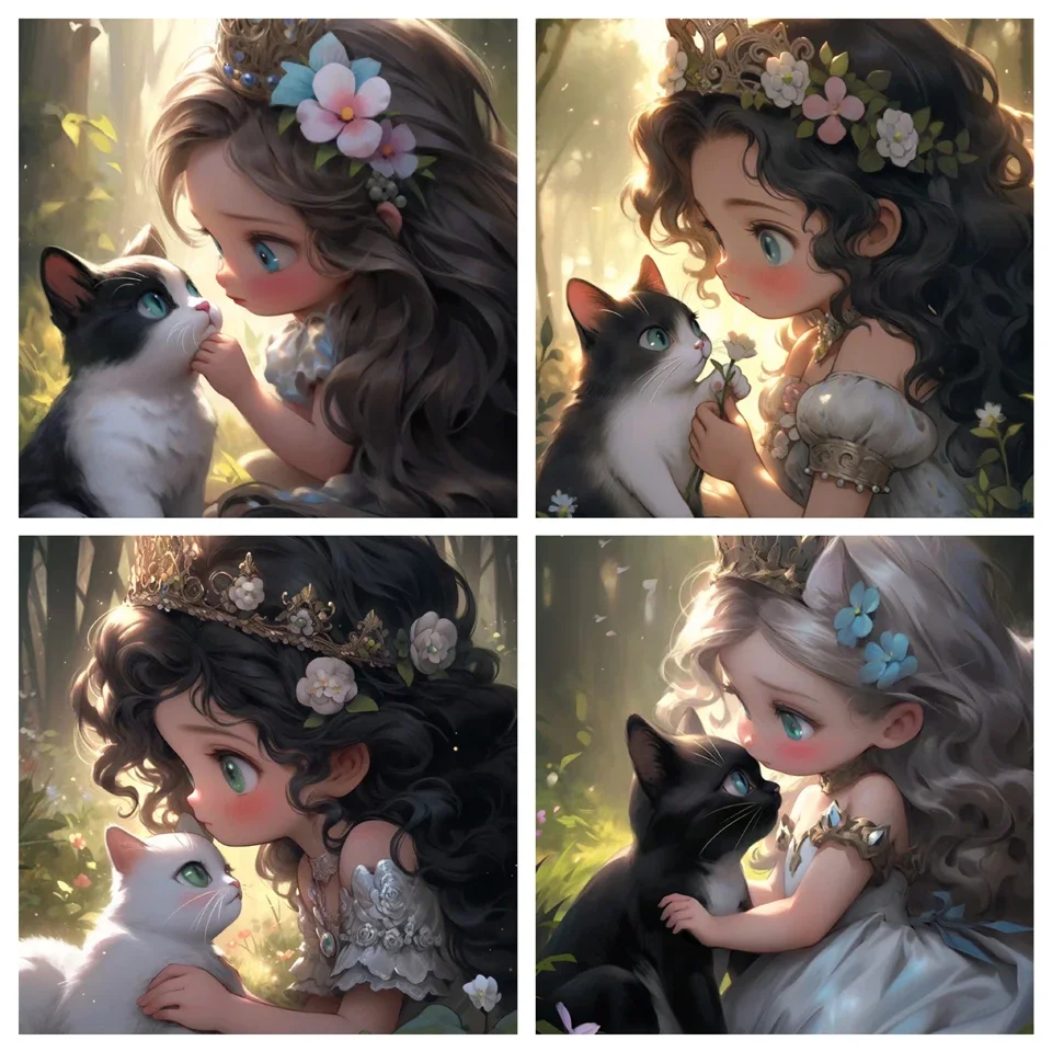 5D DIY الماس اللوحة الجديدة 2025 لطيف فتاة كبيرة العينين والقط الحفر المستديرة الكاملة التطريز عبر غرزة حجر الراين صورة هدية B5