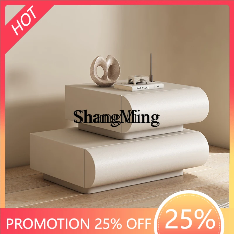 

FG Bedside Table New Modern Minimalist Faux Leather Light Luxury Solid Wood Fashion Cream Style Double Layer Storage Box