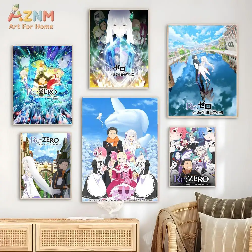 AZNM Re:Zero Anime Canvas Wall Art, Rem Emilia Ram Beatrice Subaru Print, Japanese Manga Home Decor
