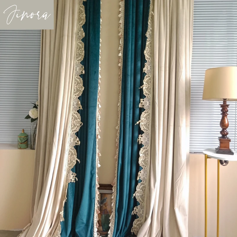 

European Light Luxury Curtains for Living Room and Bedroom Beige Flannel Color Retro American French High-end Curtain Customized