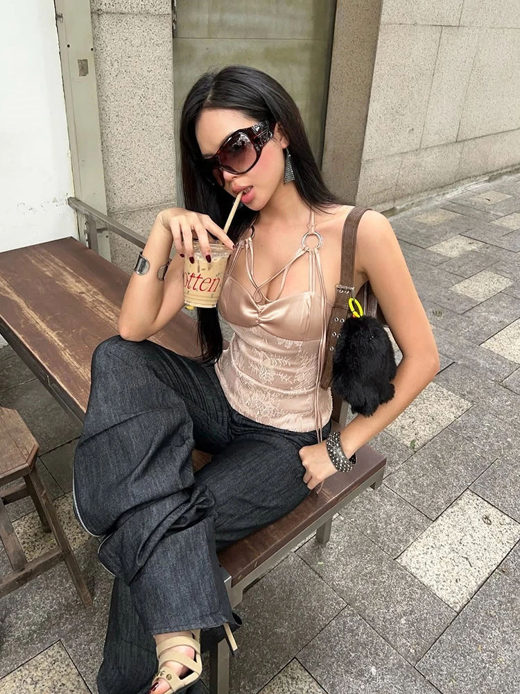 

SIsterlinda Wild Trend жаккардовая атласная майка женская сексуальная повязка с металлическим кольцом Холтер с открытой спиной и без рукавов узкий уличный клубный жилет