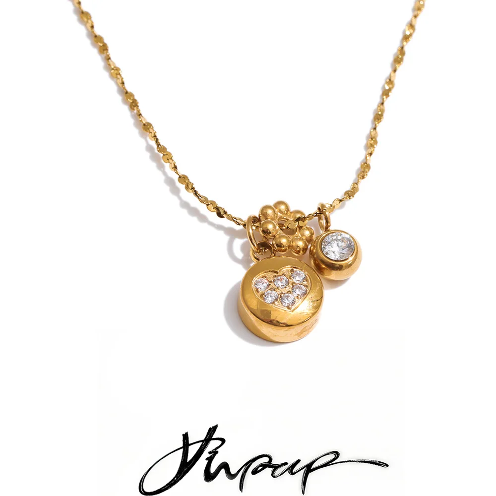 Yhpup Stainless Steel Zirconia Heart Round Drop Charm Necklace for Women Delicate Chic Collar Jewelry Accessories