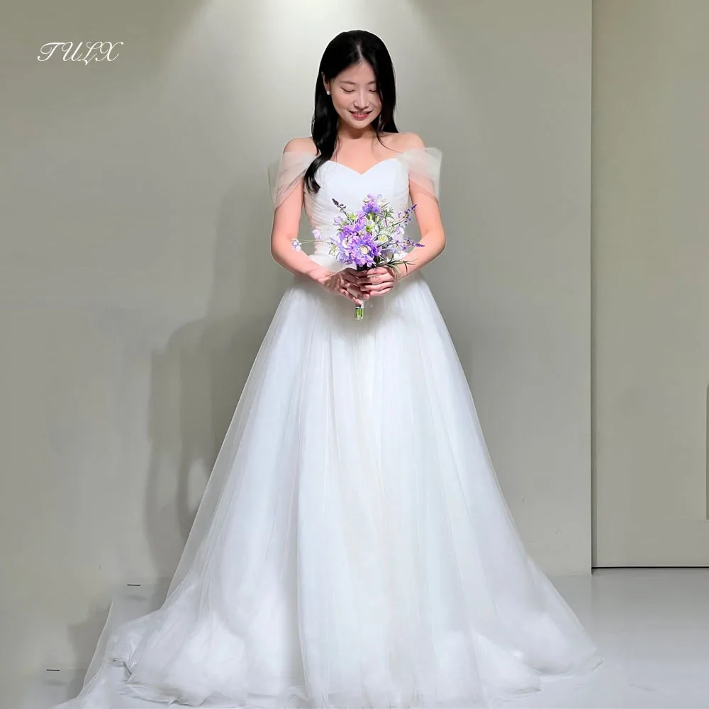 TULX 아이보리 튤 코르셋 웨딩드레스 한국 사진 촬영 V넥 오프숄더 A라인 롱 브라이덜 가운 맞춤 웨딩드레스 2025
