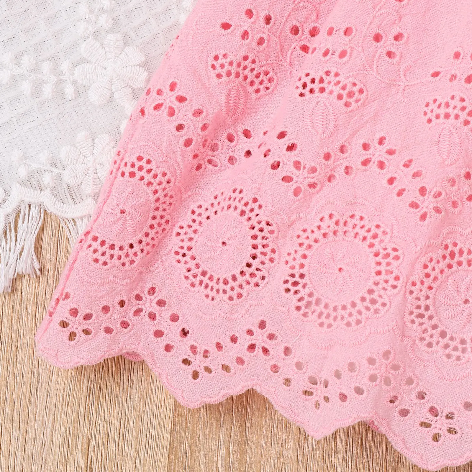 Summer New Hollow Girl Dresses Jacquard Lace Solid Color Ruffle Edge Princess Baby Girl Clothes Casual Small Medium Girl Dresses