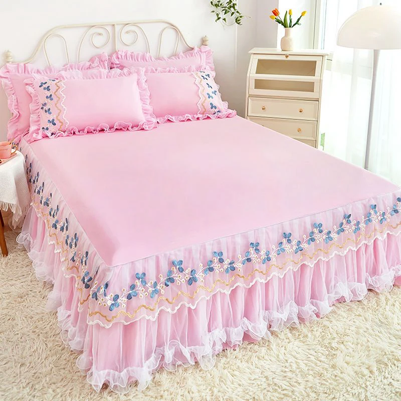Princess Lotus Leaf Lace Bed Skirts Bedspread Bed Cover Non-Slip Sheets Solid Color Without Pillowcase