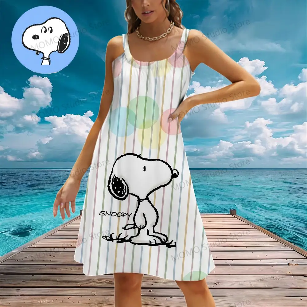 

Snoopy Women's Beach Dresses Kawaii 2024 Summer Dress Sling Youthful Woman Clothes Y2k Boho Fashion New Elegant