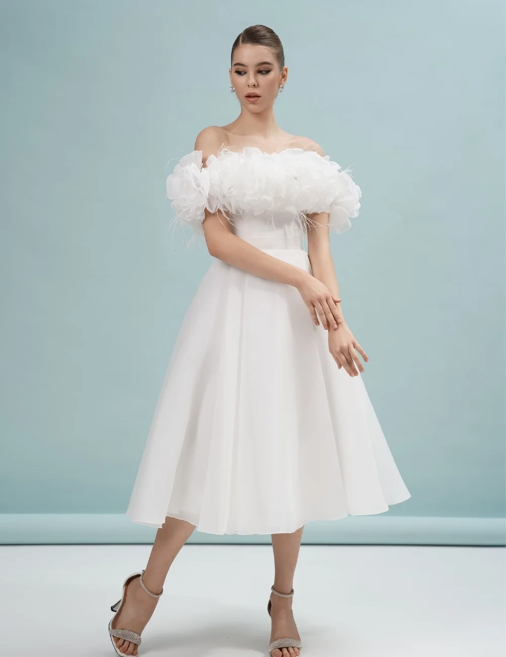 

Customized Modest Fashion White Pleat Ruched A-line Off-the-shoulder Ankle Length Evening Dresses Sizes Available for Woman