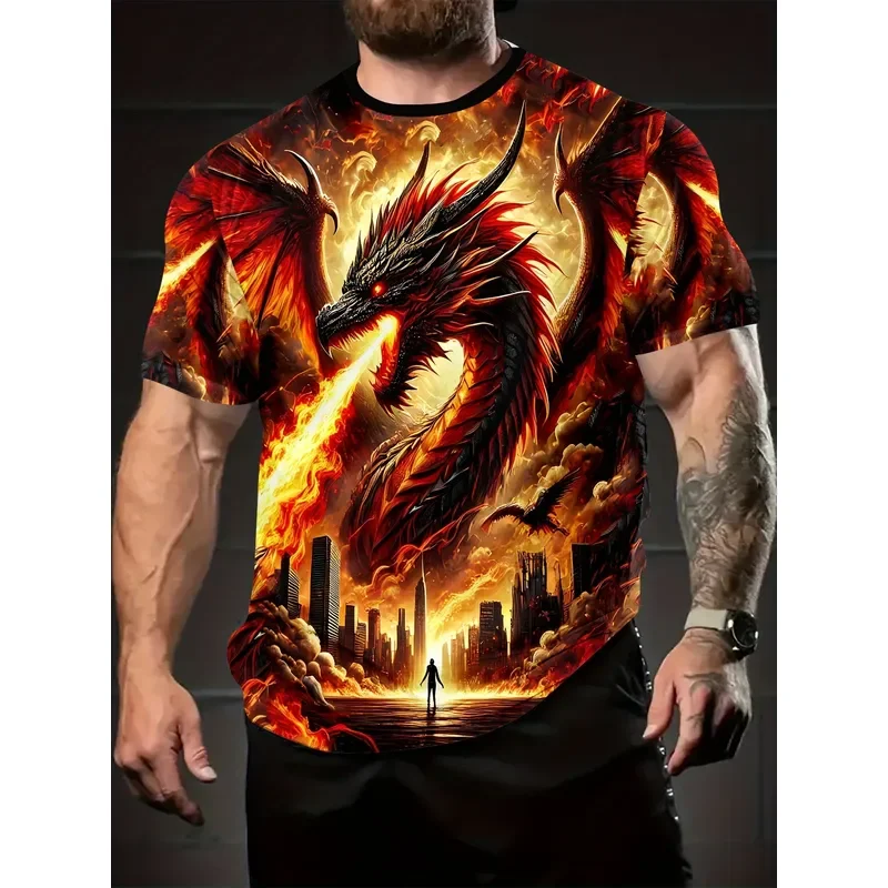 for Men Digital Print T Shirt Flame Dragon Doomsday City High Saturation Full Width Print Streetwear Party Casual Round Neck