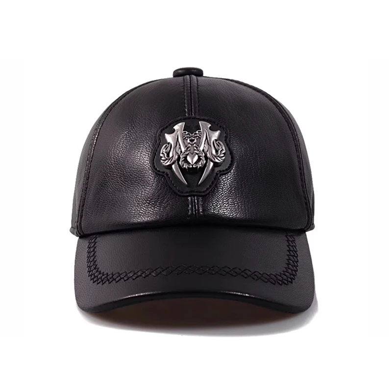 2023 New Men Spring Winter Genuine Leather Black Metal Standard Baseball Caps Male Outdoor Snapback Golf Hat Sports