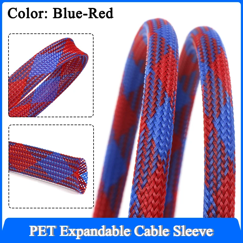 1~50m Blue Red PET Braid Sleeve 2/4/6/8/10/12/14/16/20mm High Density Sleeving Snake Skin Cable Wrap Sheath For Electric Cables