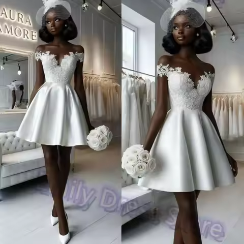 Customized White Satin Evening Dress Women Lace Knee Length Off Shoulder Bridal Formal Long Ball Gowns Trend Pageant Dress