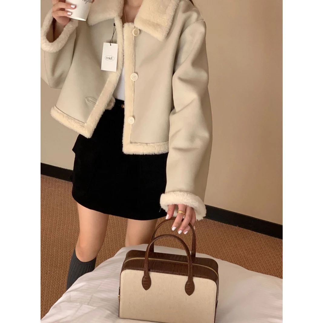 

Dongda Gate Women's Thiened ort Fur Leather Jaet Stand Collar Two-Sided Wear Soft Warm Sli Versatile Coat