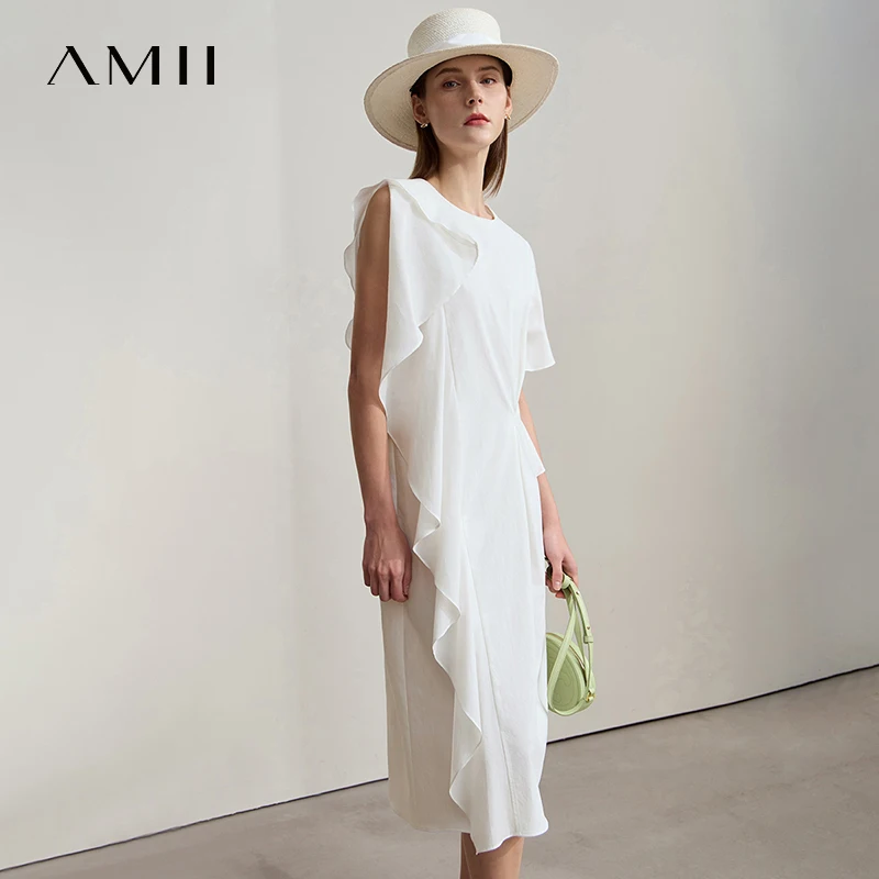 

AMII Elegant Loose Dress Women 2025 Summer Office Lady Simple Lotus Wave Sleeve Irregular Elegant Party Midi Dresses 12552069