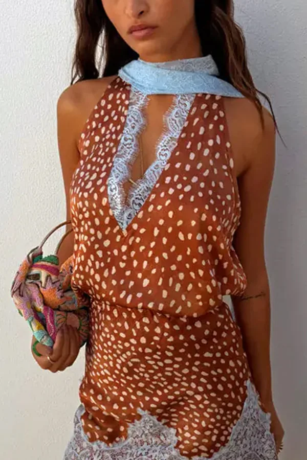 2026 New Elegant Printed Reversible Ribbon Top Lace Insert Skirt Set Women's Sleeveless Dot Two-Piece Outfit Lady Casual Wear
