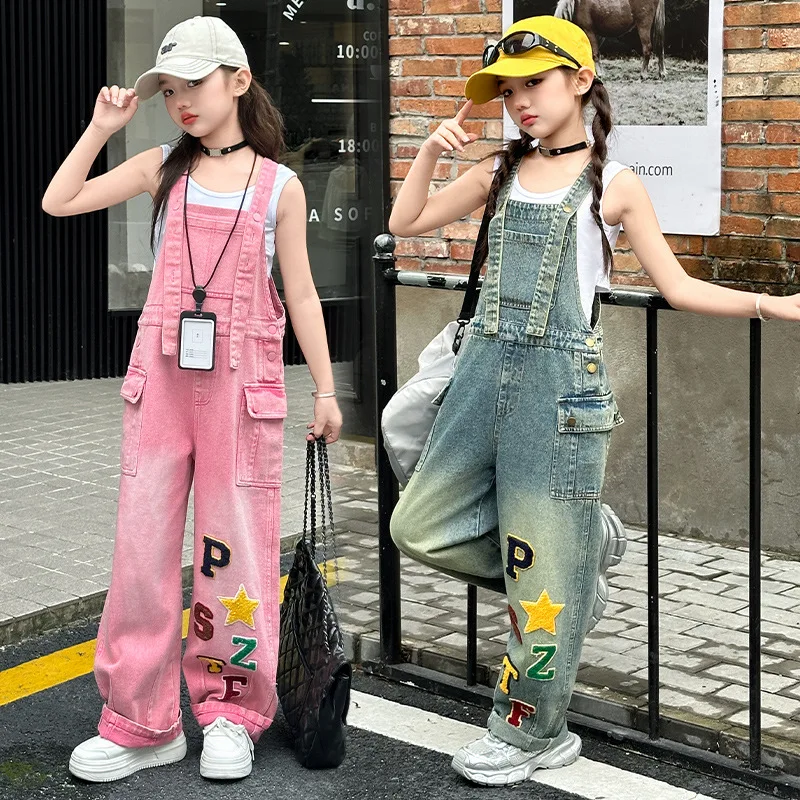 2025 Spring teen girls American High Street Hiphop Strap Pants junior kids Loose Cowboy Retro Casual jumpsuit ins child clothes