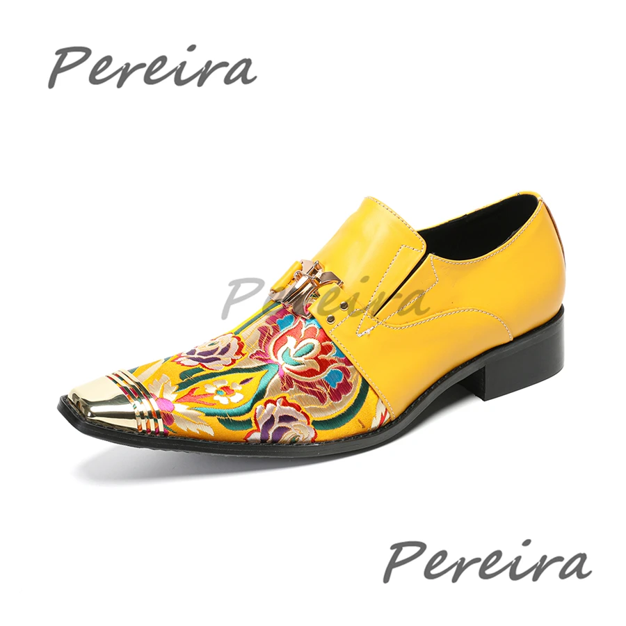 Yellow Genuine Leather Men's Shoes Flower Embroidery Metal Buckle Business Dress Shoes Fashion Handmade Party Banquet Shoes