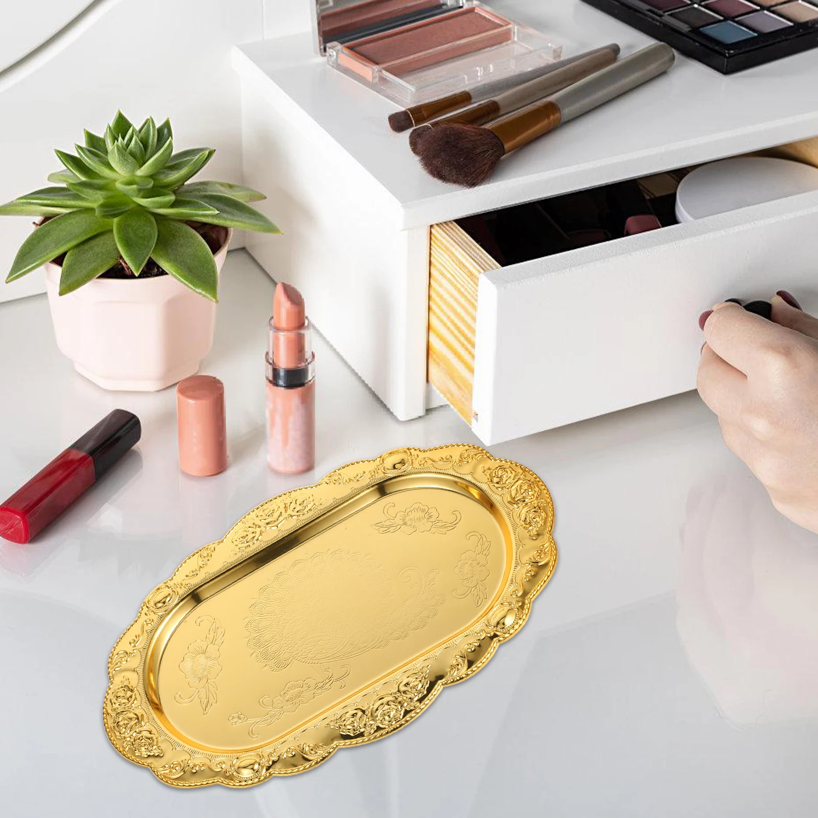 

Accessories Golden Jewelry Tray Miss Vanity Zinc Alloy Countertop Perfume Display