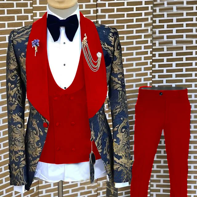 Luxury Suits For Men Wedding Navy Blue Gold Floral Jacquard Blazer Sets Groom Suit 3 Pcs (Jacket+Pant+Vest) Customize