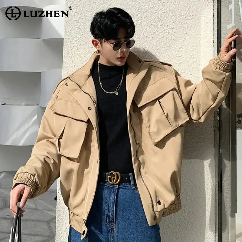 

LUZHEN Big Pockets Splicing Fashion Solid Color Casual Jackets Men's Motorcycles Retro Loose Trendy Coat Handsome Clothes LZ5400