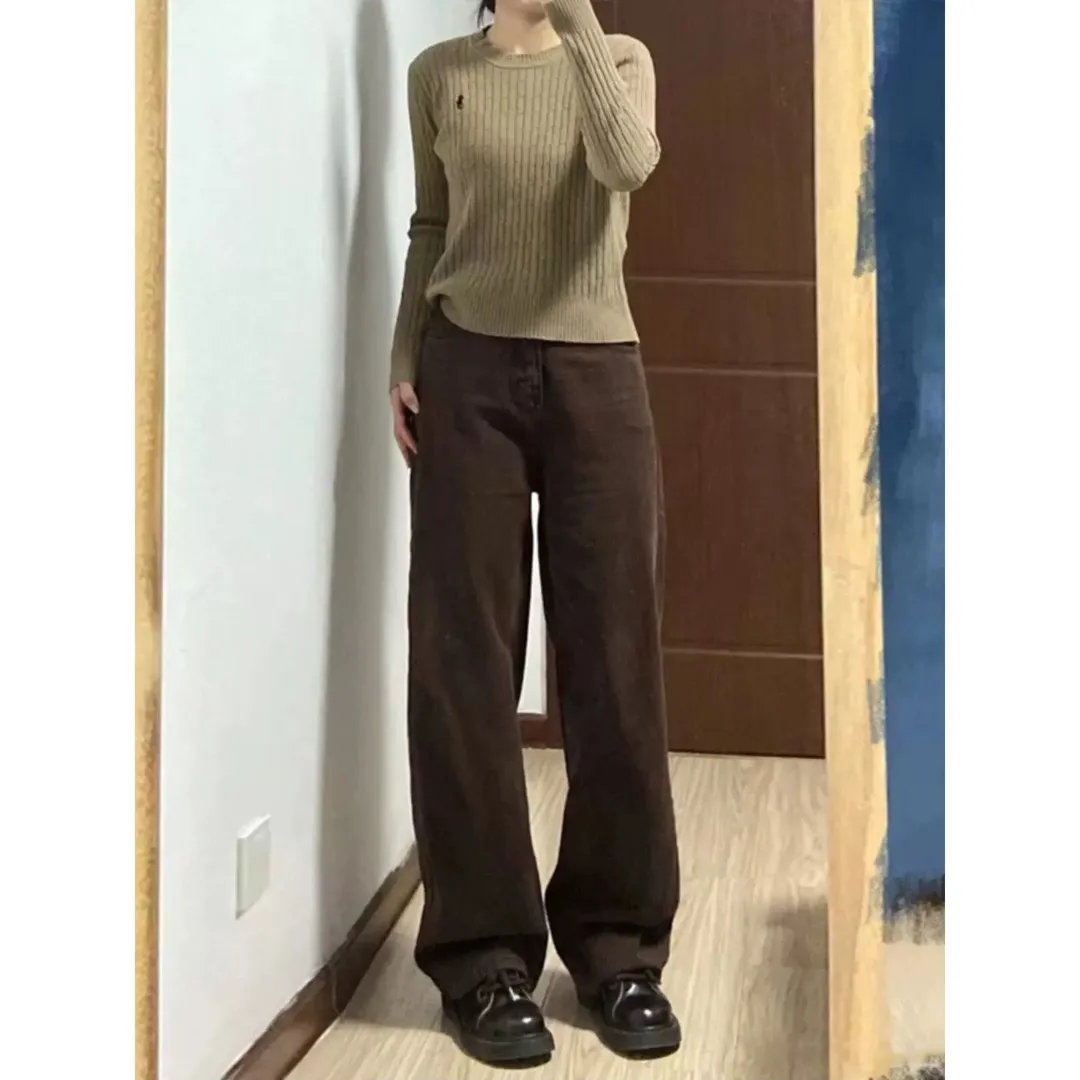 Brown High Waist Draped Wide Leg Jeans Women's Loose Fit Lengthening Legs Casual Straight Cut Trousers Autumn Cotton Denim