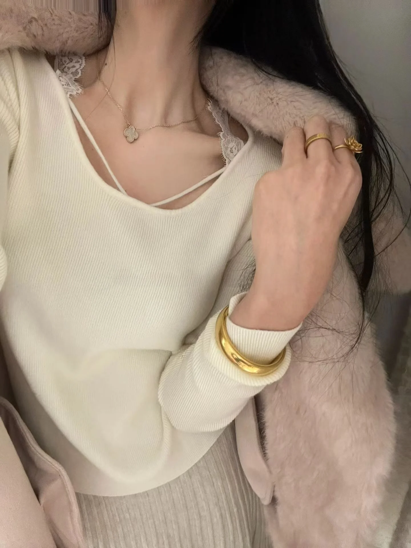 

Korean Sle Lace Tie Knitted Sweater Women's Slim Fit U-Ne Inner Wear Winter New Arrival Elastic Base irt Soft Polyester