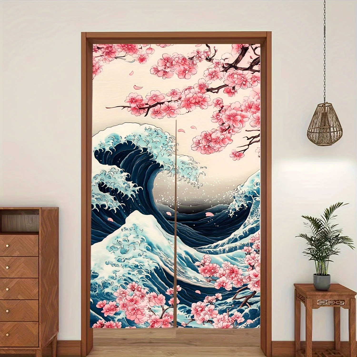 VIKAMA Kanagawa Wave and Cherry Blossom Half-Door Curtain, Kitchen and Bedroom Entryway Divider, Home Decor