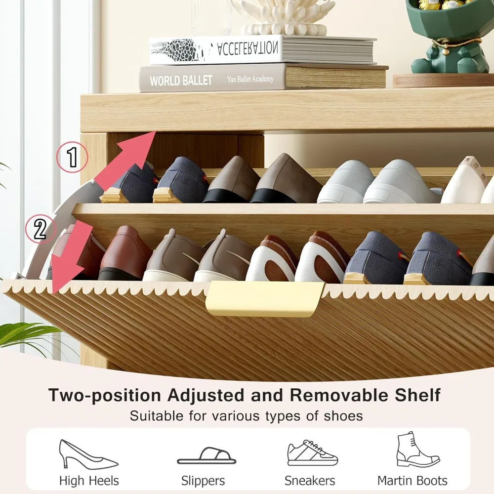 "خزانة أحذية حديثة بطبقتين - تصميم قائم بذاته بدرج قلاب، منظم خشبي ذو سعة كبيرة للمدخل"