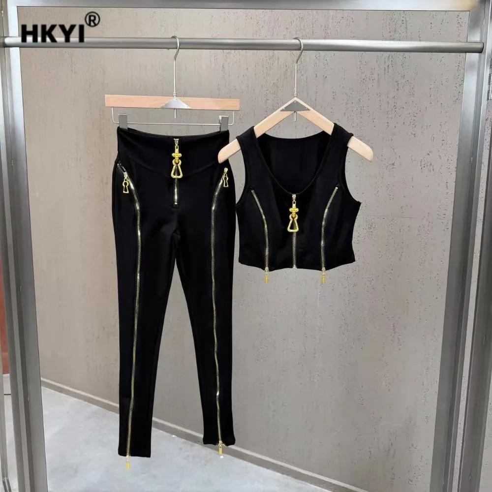 

High Street Women's Spring and Summer Round Neck Sleeveless Multi Zipper Design Short Vest Paired with Leggings Set