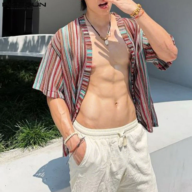 

Men Shirt Hollow Out Short Sleeve Open Stitch Male Cardigan Streetwear 2025 Striped See Through Fashion Men Clothing INCERUN