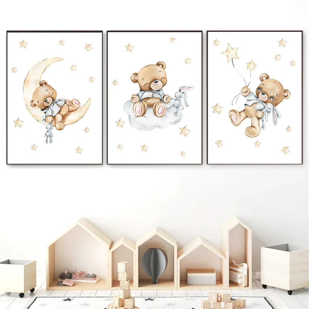 Cute Bear Nursery Wall Art Canvas Painting Moon Cloud Star Balloon Posters And Prints Wall Picture Teddy Baby Kids Room Decor
