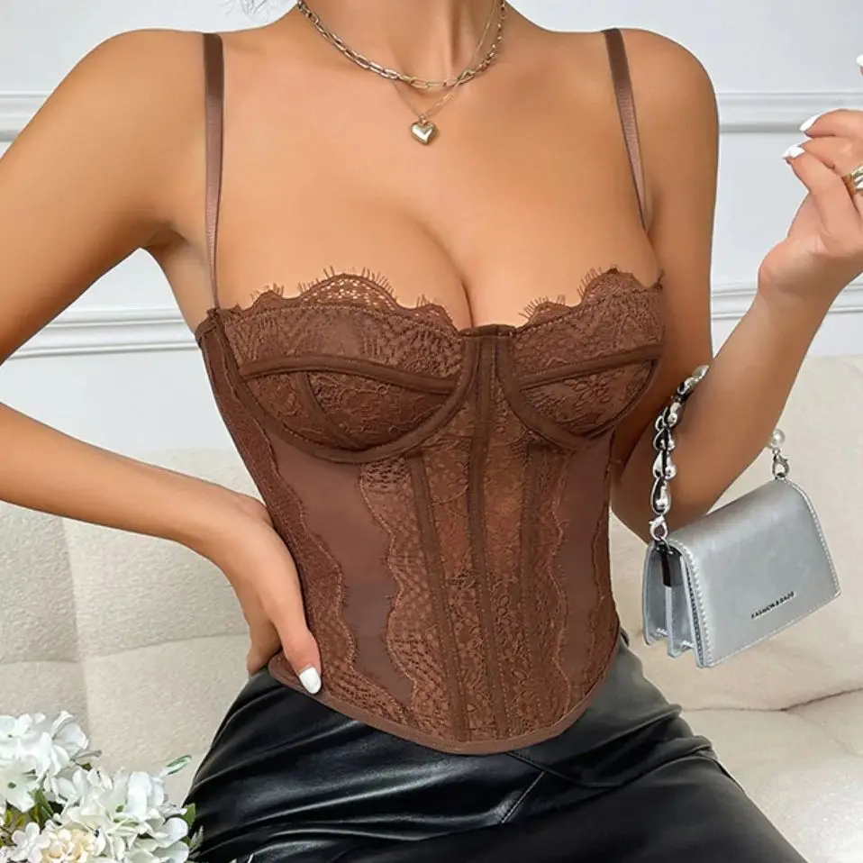 Top de tirantes finos de encaje para mujer, Tops sin mangas, corsé de hueso con espalda abierta, corpiño Sexy, lencería delgada, camisola moldeadora