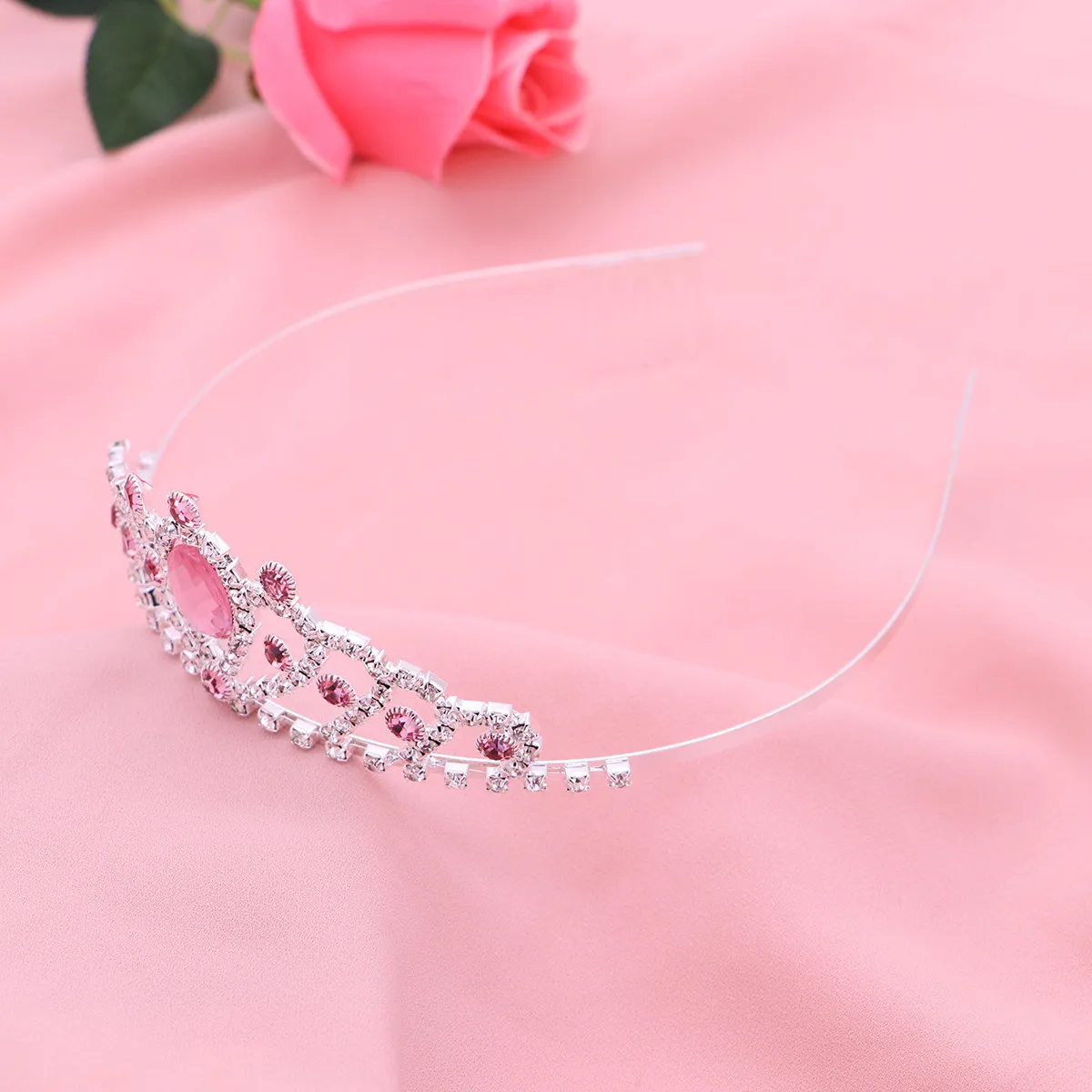 Children Pink Heart Crystal Tiara Crown Elegant Birthday Party Hair Accessory Girls Kids Glittering Headband Crowns