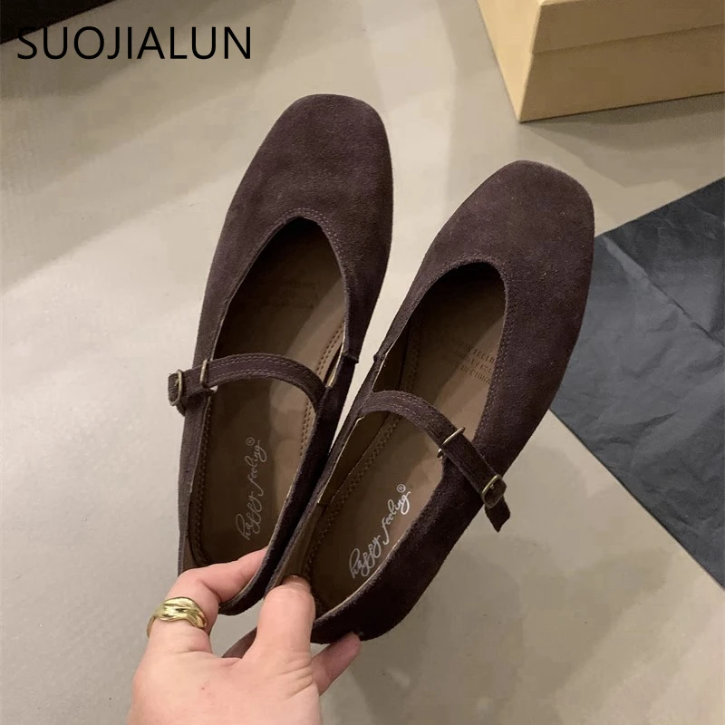 SUOJIALUN 2024 Autumn Women Flat Shoes Fashion Round Toe Ladie Ballerinas Shoes Soft Flat Heel Outdoor Casual Mary Jane Shoes