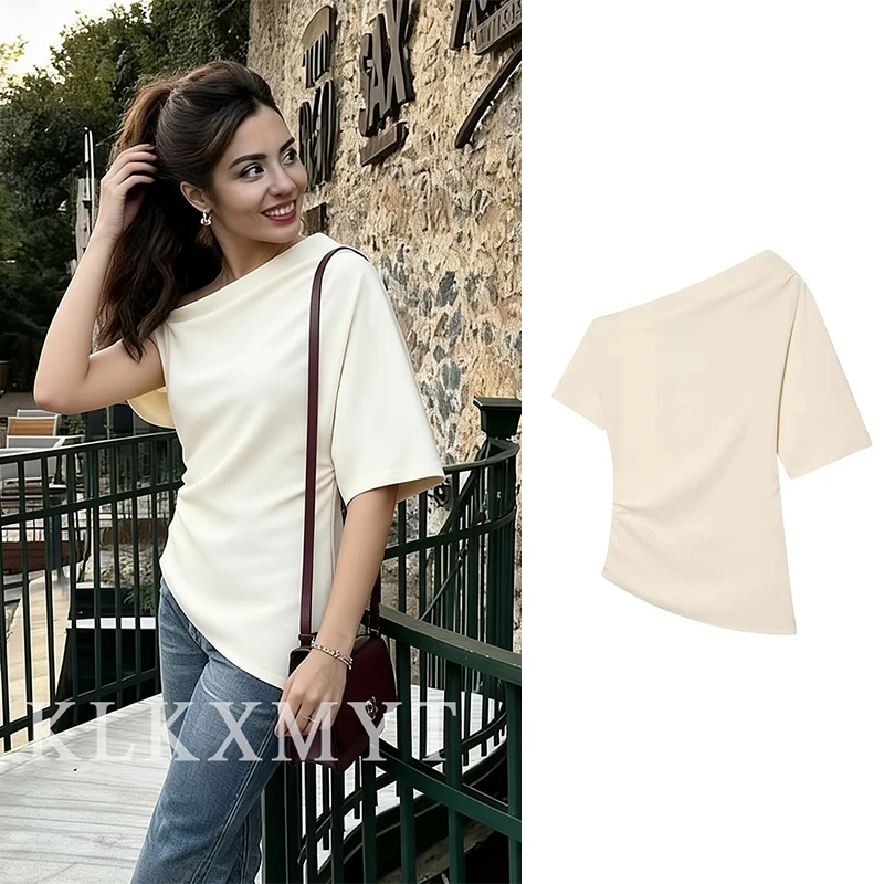 

Women Sexy Top 2025 Women New Fashion Short Sleeves Off-Shoulder Asymmetric Hem Top Lady Hight Street Elegant Solid Color Top