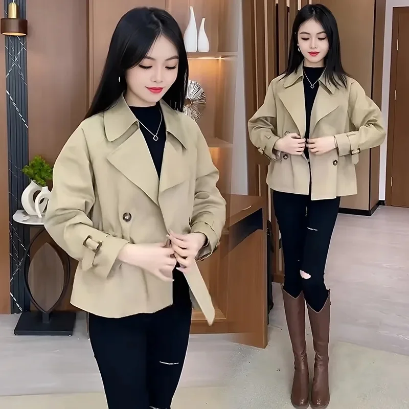 High-Quality Windbreaker Jacket Women\'s Fashion Waist Short Outwear 2024Spring Autumn New Coat Double-Breasted Loose Female Tops