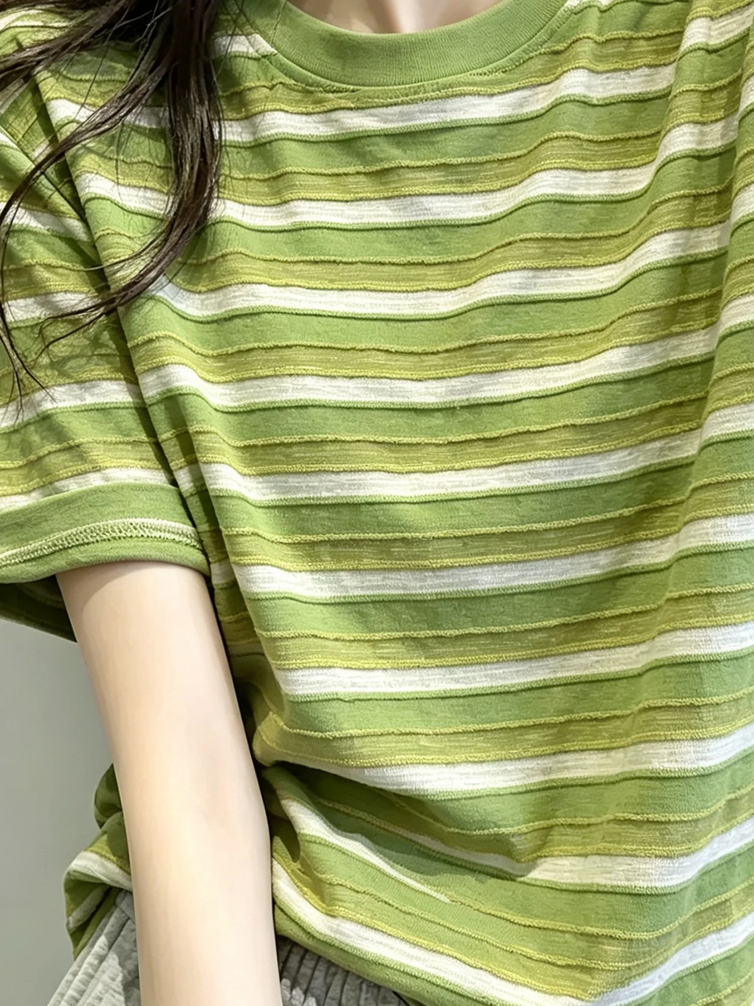 Unique Fashionable Striped Short Sleeve Women's T-shirt Shoulder Width Regular Cotton Blend Comfortable Casual Style Top
