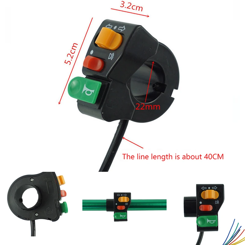 Klaxon de guidon de moto, clignotant, phare, interrupteur d'arrêt de faisceau, interrupteur d'alimentation 3 en 1, 7/8, 1PC