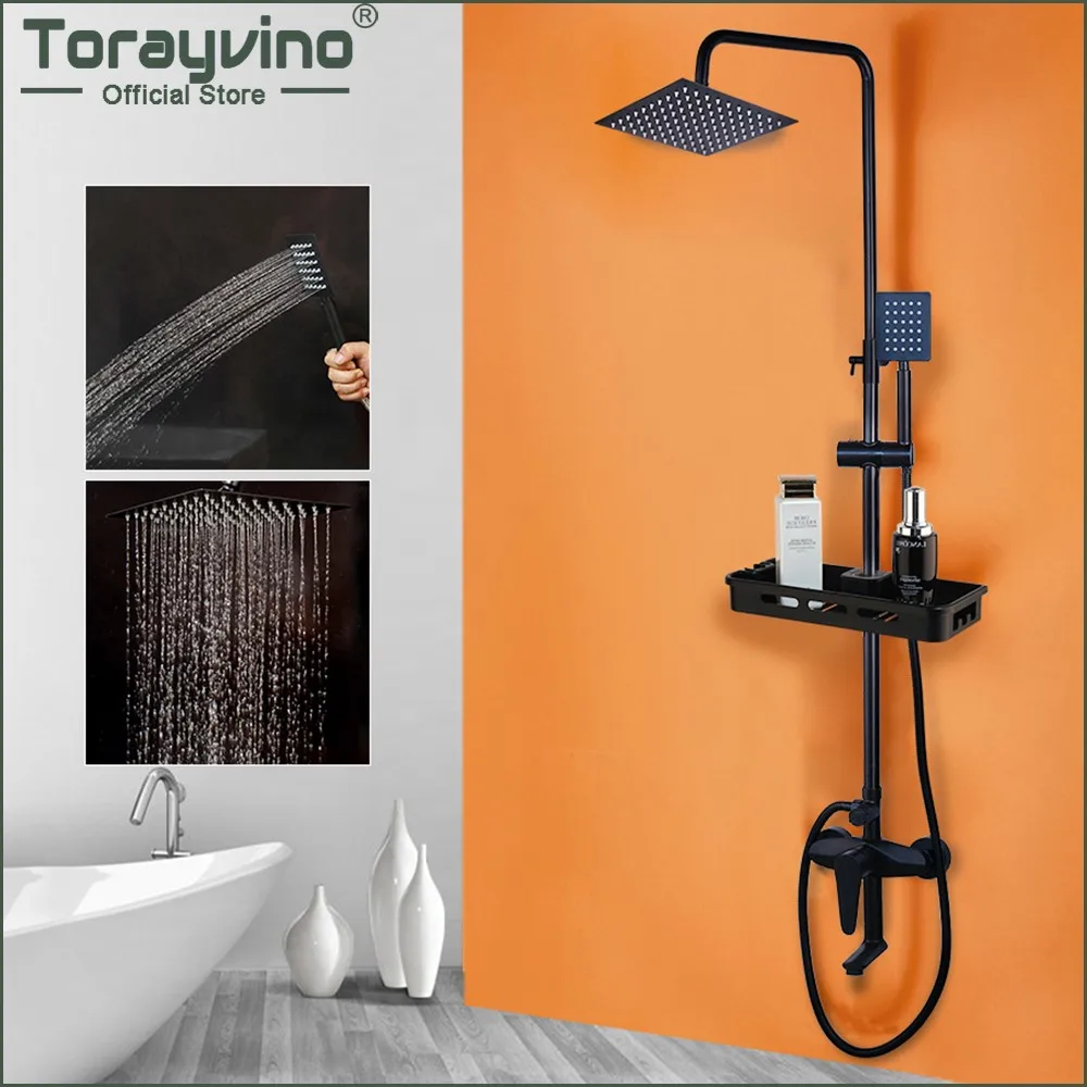 Torayvino Matte Black Bathroom Shower Faucet Set Wall Mounted Rainfall Shower System with Storage Shelf Bathtub Mixer Tap