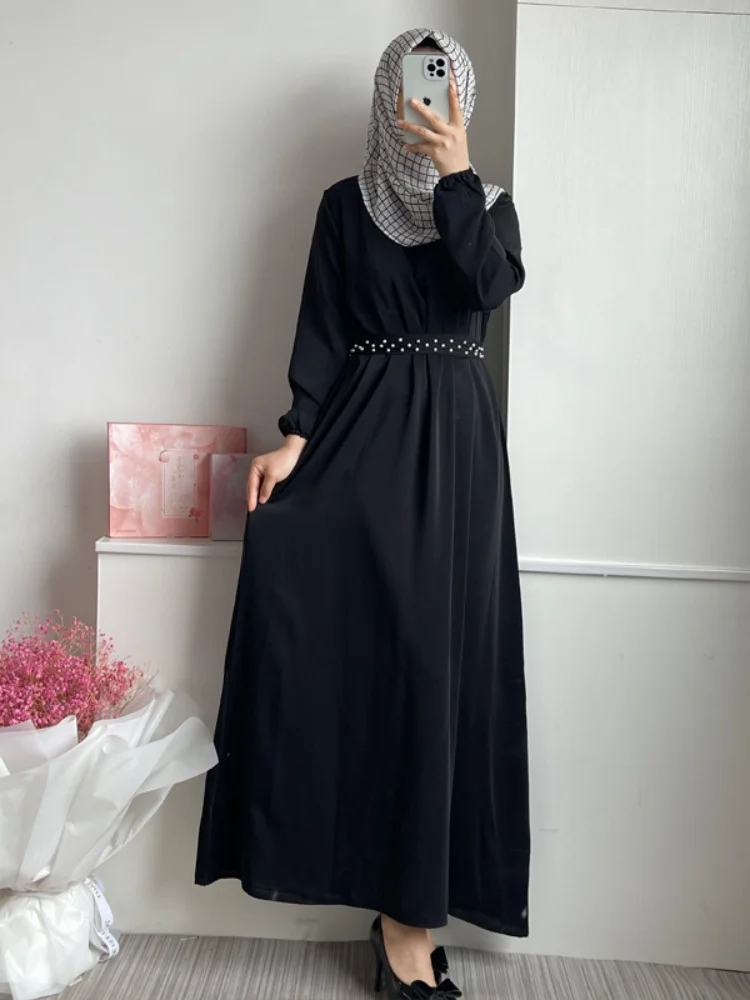 

Soft Middle East Muslim Abaya Dubai Dress Women's Fashion New Abaya Pure Color Long Dress Nailed Pearl Hui Women Abaya