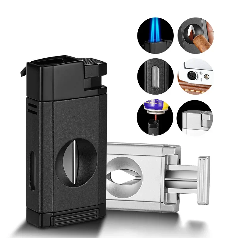 2025 New Deluxe Cigar Lighter with V Shape Knife Cigar Holder Dual Nozzle Flame Butane Refillable Torch Lighter Smoker Gift