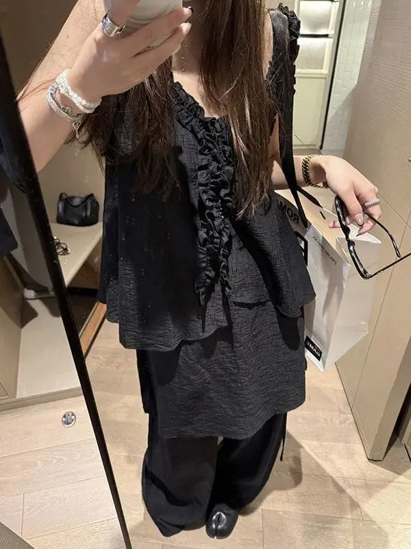 

Summer Fashion Set Earlet Ruffle Trim Halter Top Women Outerwear Spunky V-neck Top Half-length Skirt Two-piece Set Casual Style