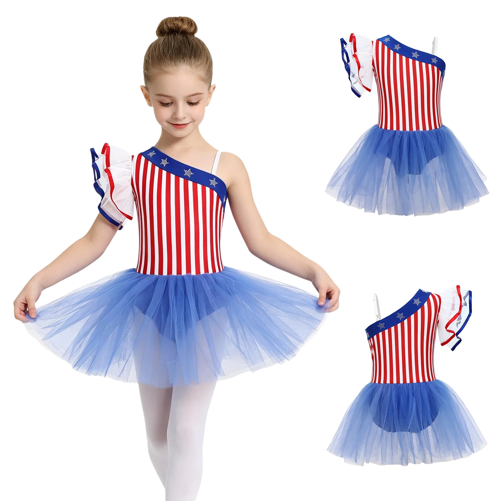 Kids Girls One Shoulder Ruffled Sleeve Tulle Dress Rhinestone Gymnastics Ballet Leotard Child American Stars Striped Tutu Dress