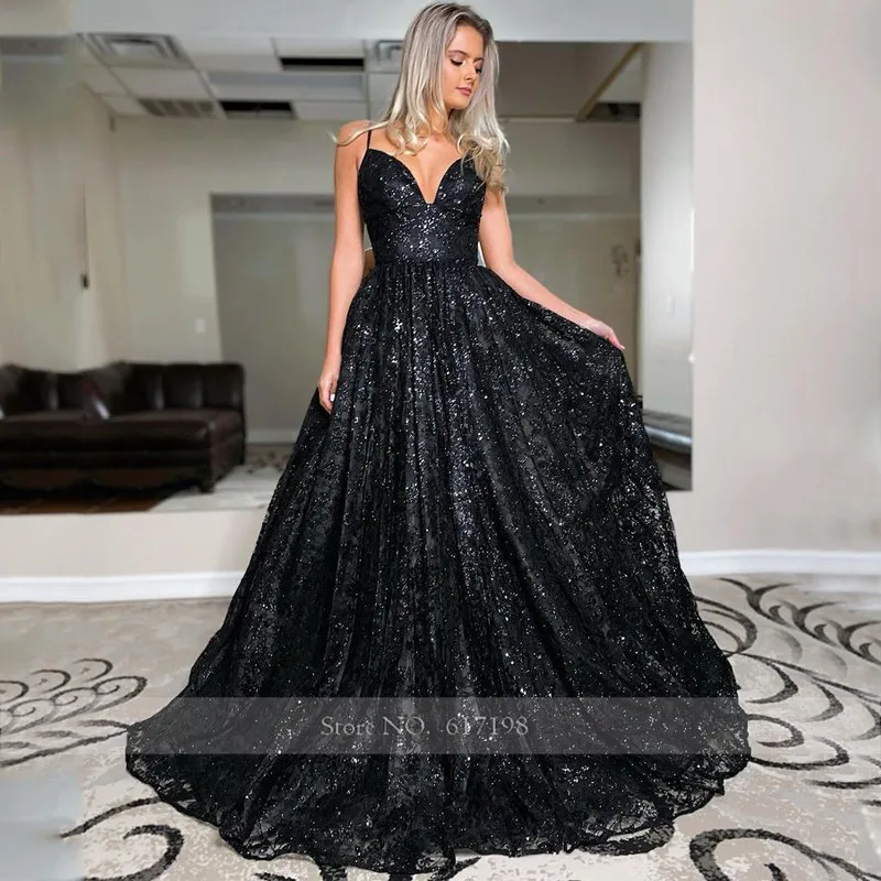 Robe De soirée De forme trapèze, col en v, bretelles Spaghetti, plis, longueur au sol, paillettes noires, Tulle, robes De bal